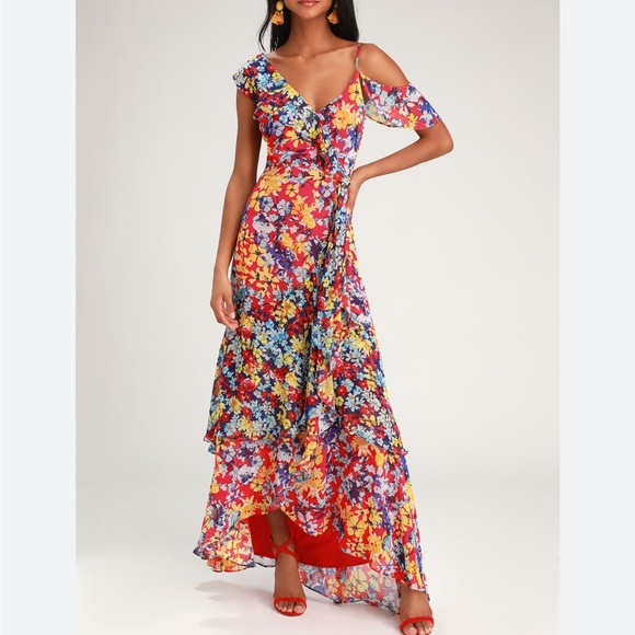 LULU’S Radiant Ruby Red Floral Print Chiffon Maxi Dress - Sz. M - Picture 1 of 6